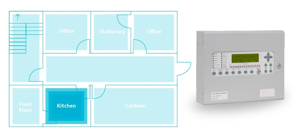 Fire Alarm panel and floorplan split into rooms