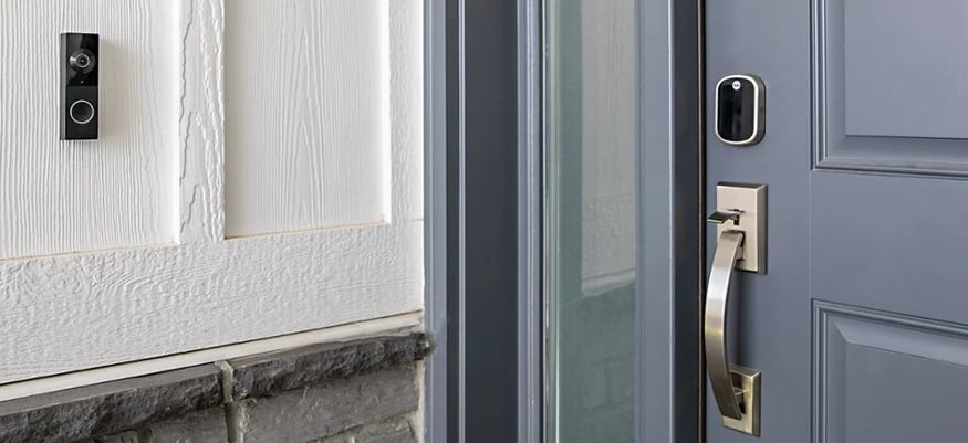 Chime Video doorbell to the left of a blue-grey front door