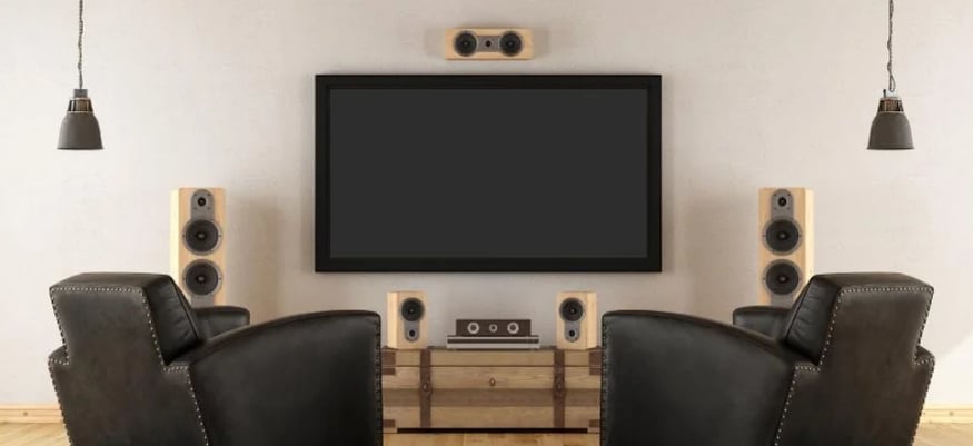 Television cinema living room with surround sound speakers
