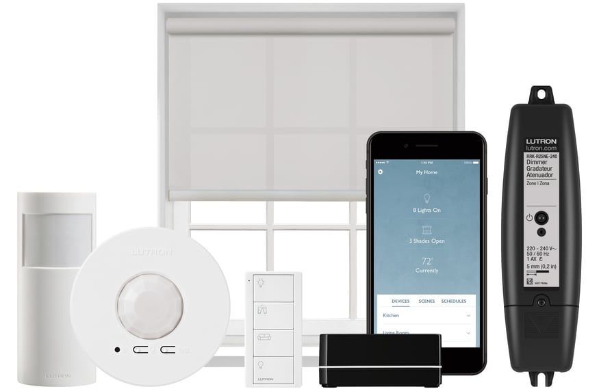 Lutron controls, including motions sensors, remote control, mobile app, blinds and bridge unit